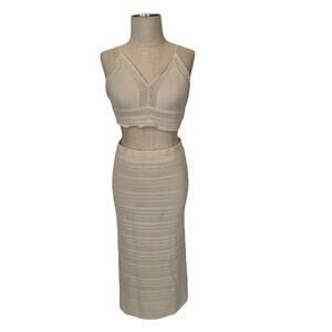 Freshman 1996 Women’s Crochet Knit Crop Top & Midi Skirt Set Size L Beige Boho